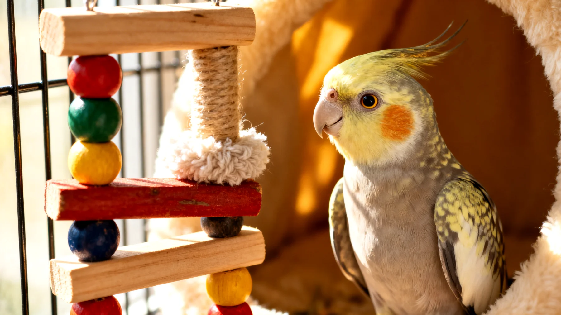 Junge Nymphensittiche brauchen altersgerechte Beschäftigungsmöglichkeiten, die ihre kognitive Entwicklung fördern, ohne sie zu überfordern, und sichere Spielzeuge, die für ihren noch weichen Schnabel und ihre Neugier geeignet sind"